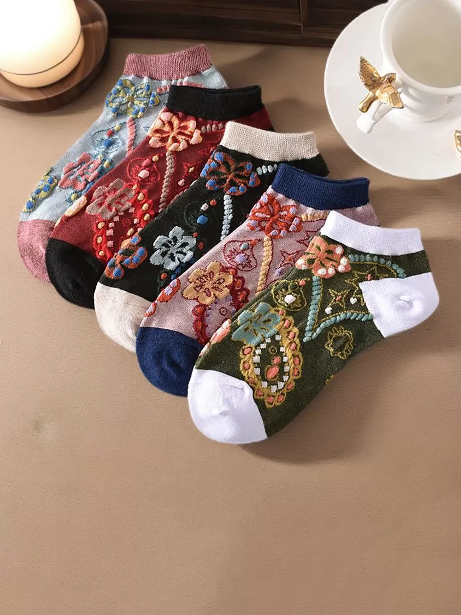 5 Pairs Women Summer Flower Jacquard Short Socks KL1039