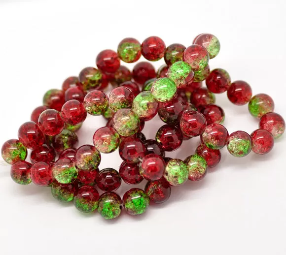 Beads Glass Round Crackle 10mm Strand 15.5 Green Red