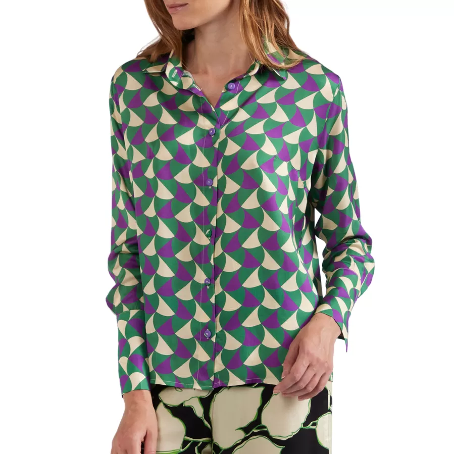 CafèNoir Shirt in geometric printed viscose satin C7JC0125 S064 green-purple