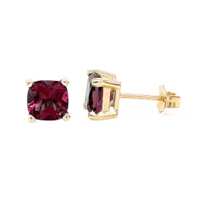 Cushion Cut Rhodolite Garnet Earrings 14K Gold Red Garnet Studs