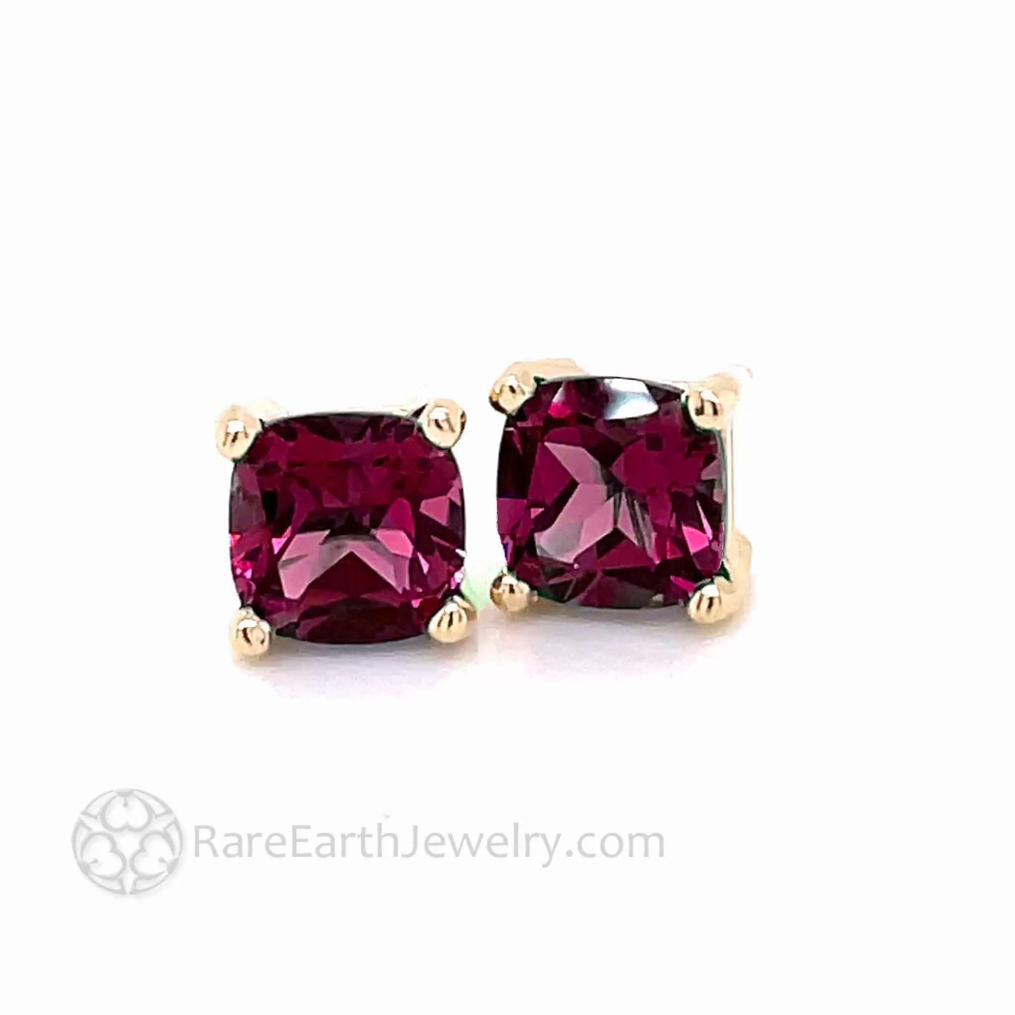 Cushion Cut Rhodolite Garnet Earrings 14K Gold Red Garnet Studs