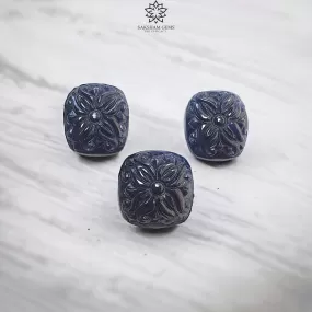 Deep Blue Sapphire Gemstone Carving : 62.60cts Natural Untreated Unheated Sapphire Hand Carved Cushion Shape 17*15mm - 18*20mm 3pcs