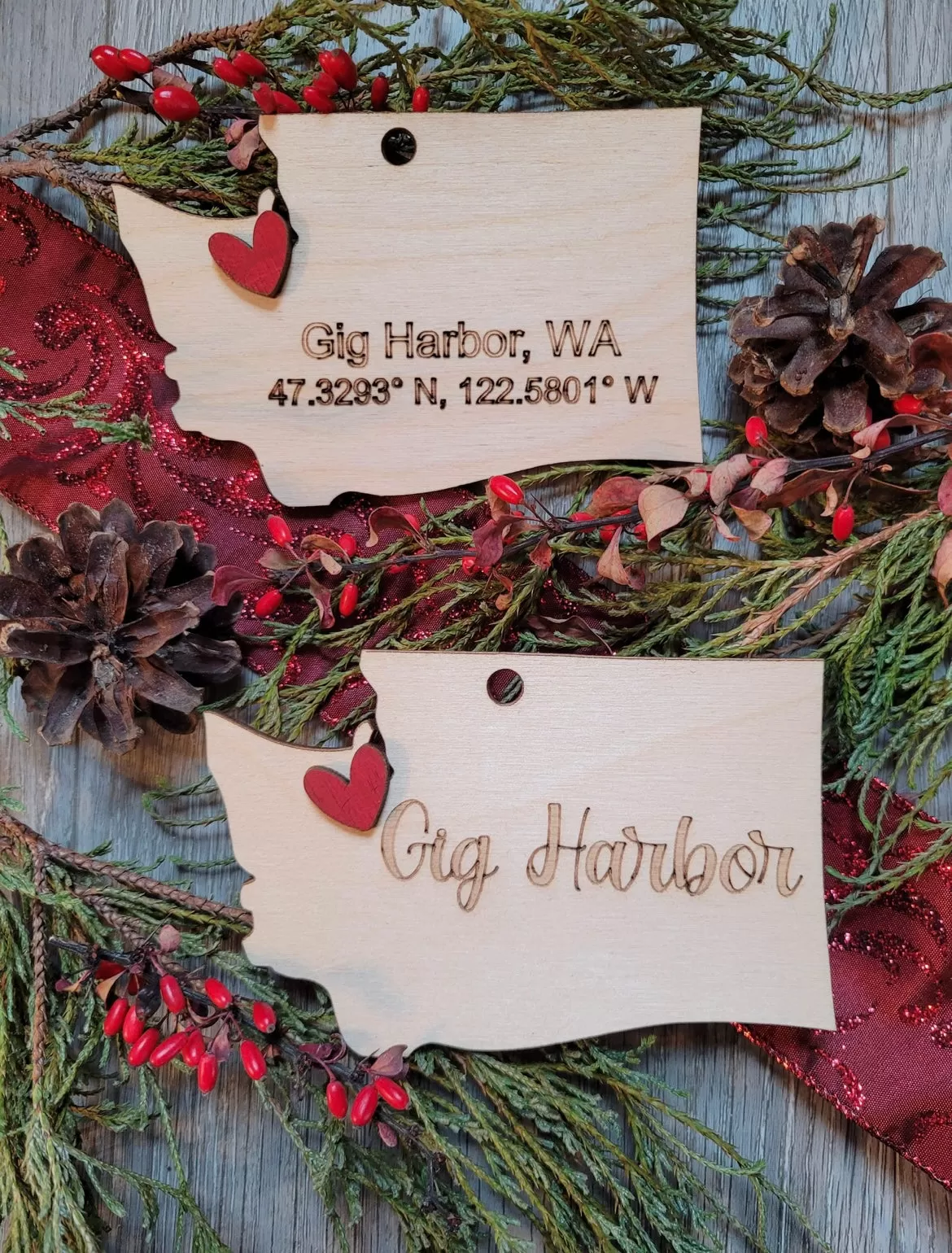 Gig Harbor Washington Wood coordinate  Ornament