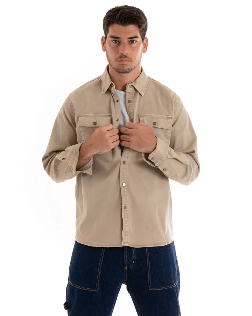 Giubbotto Uomo Giacca Jeans Con Colletto Camicione Denim Beige GIOSAL-G3079A