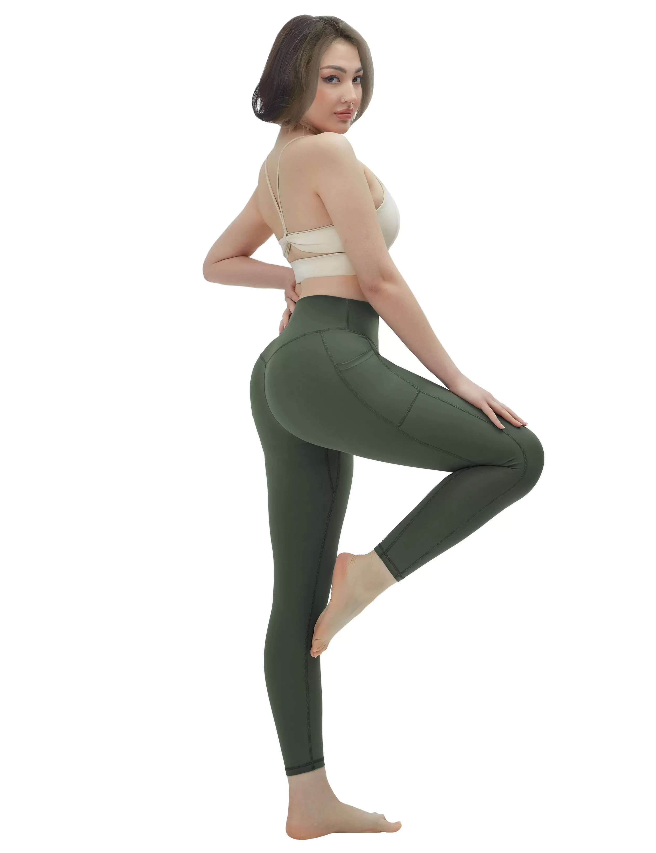 High Waisted Yoga Pants 7/8 Length Leggings with Pockets olivegreen