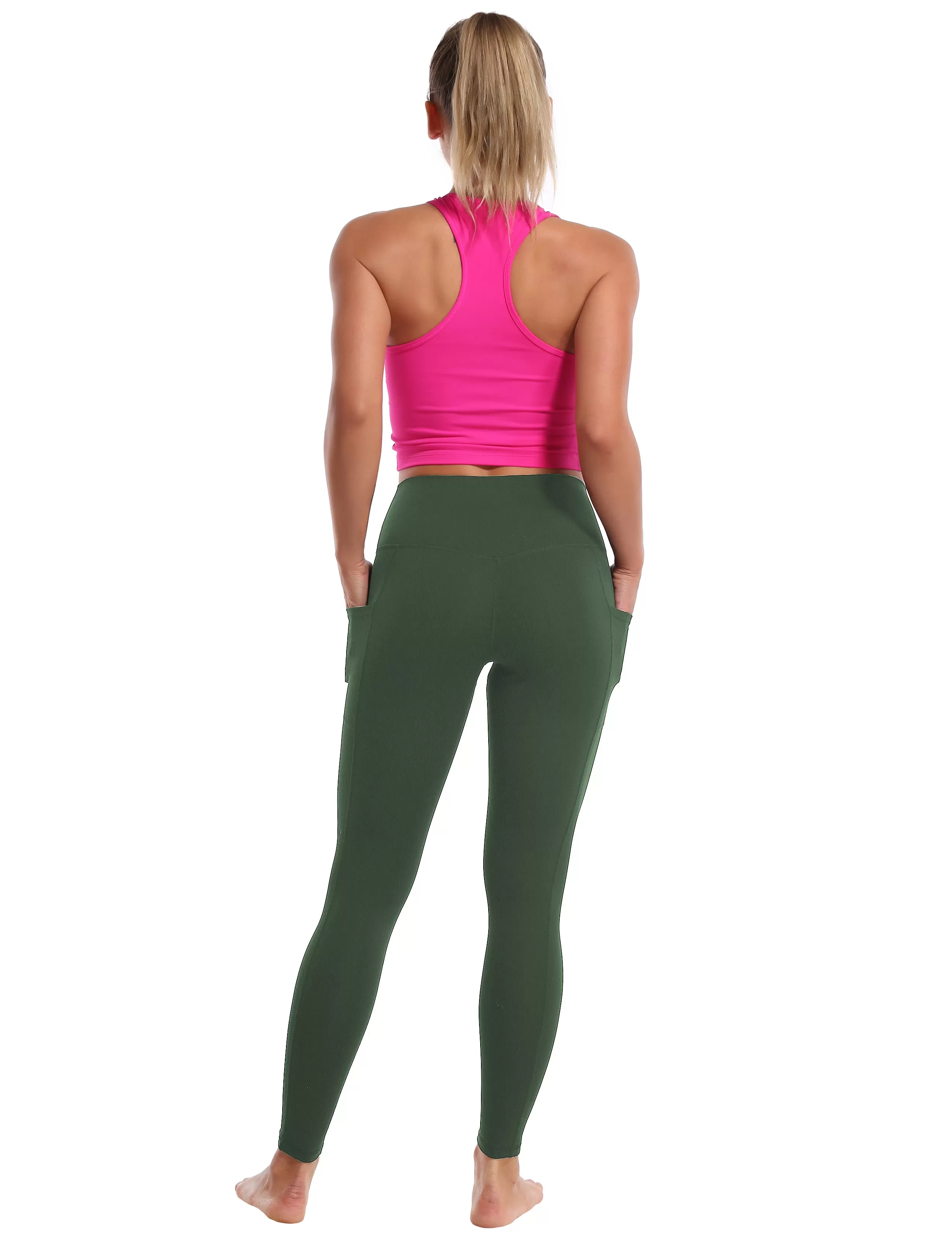 High Waisted Yoga Pants 7/8 Length Leggings with Pockets olivegreen