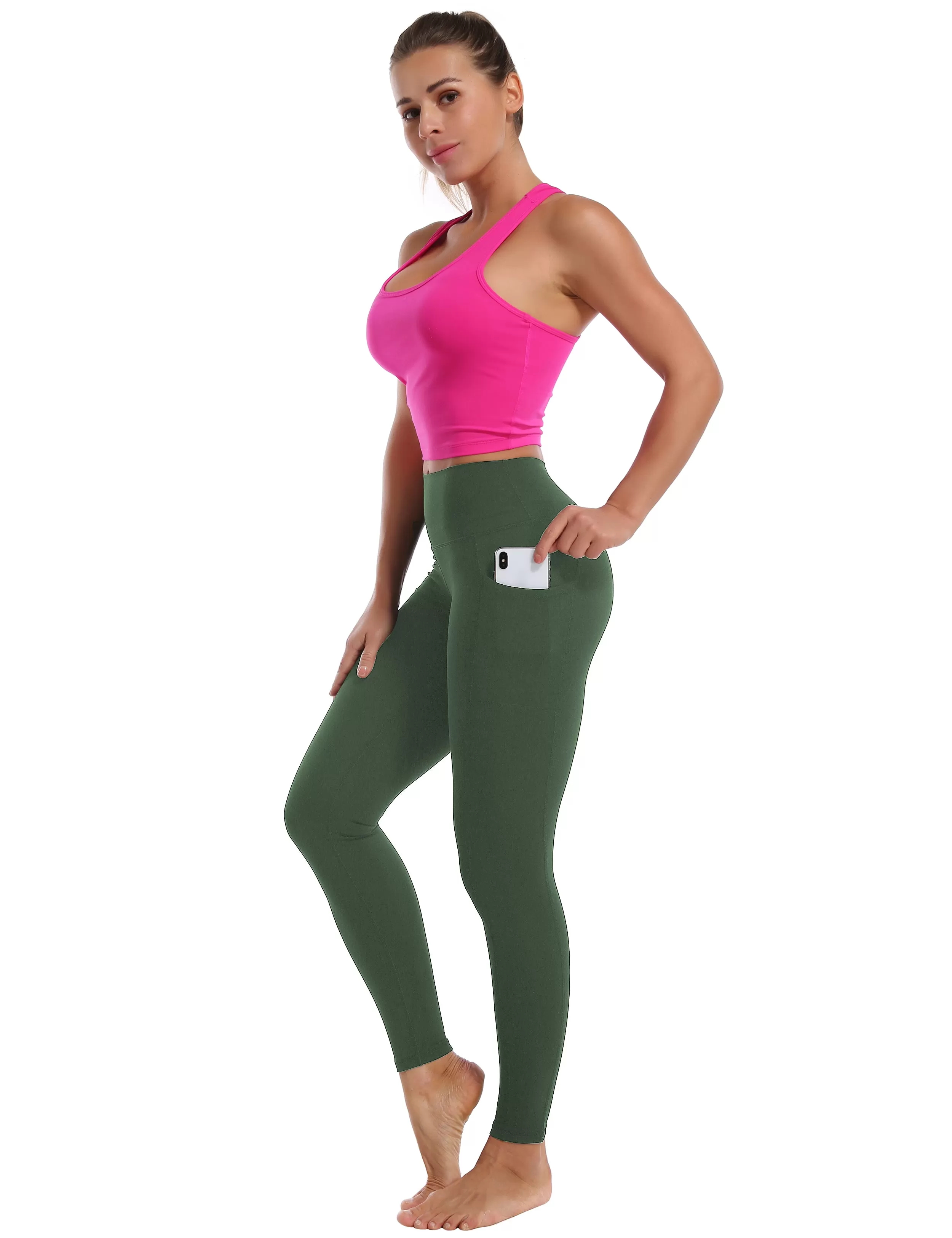 High Waisted Yoga Pants 7/8 Length Leggings with Pockets olivegreen