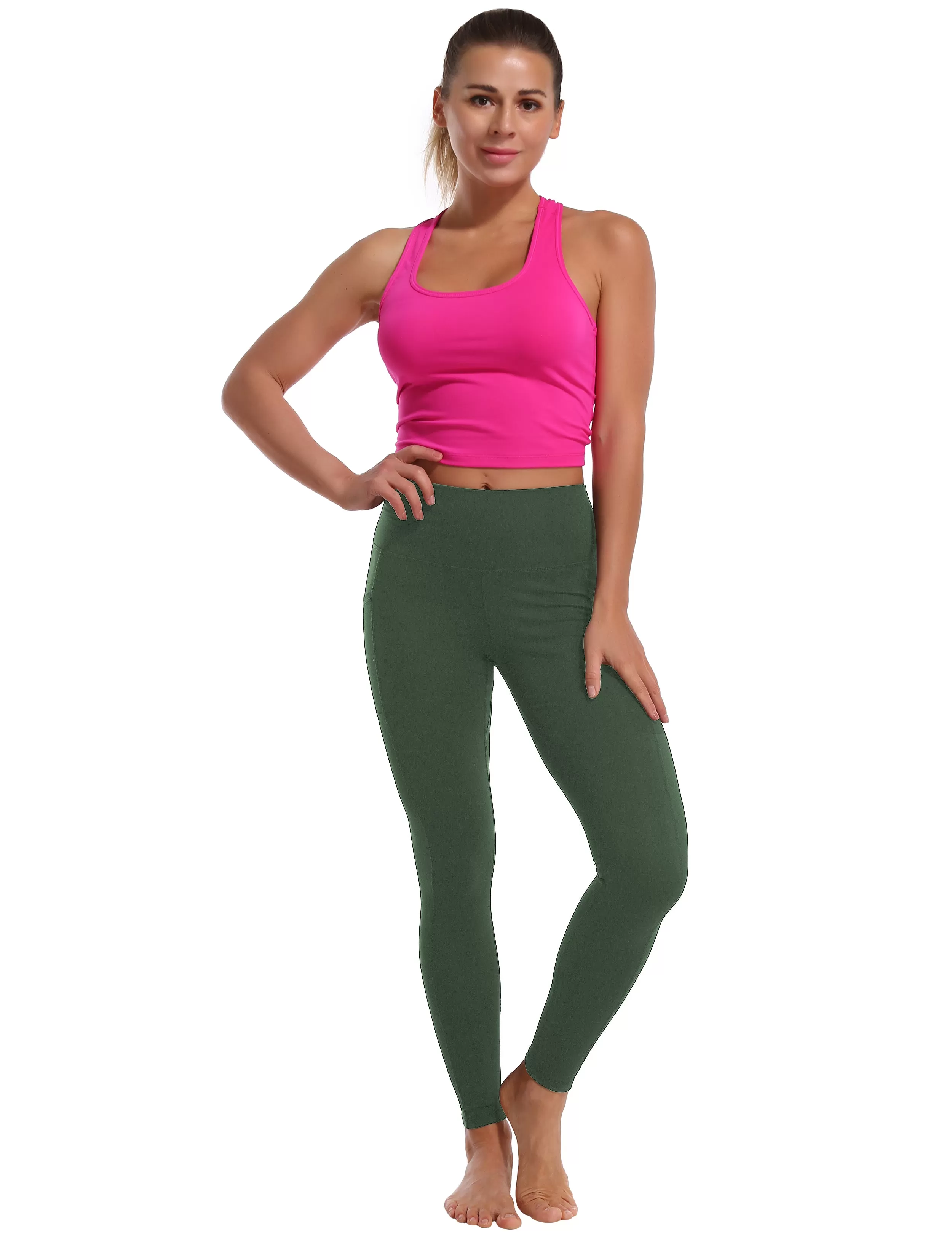 High Waisted Yoga Pants 7/8 Length Leggings with Pockets olivegreen