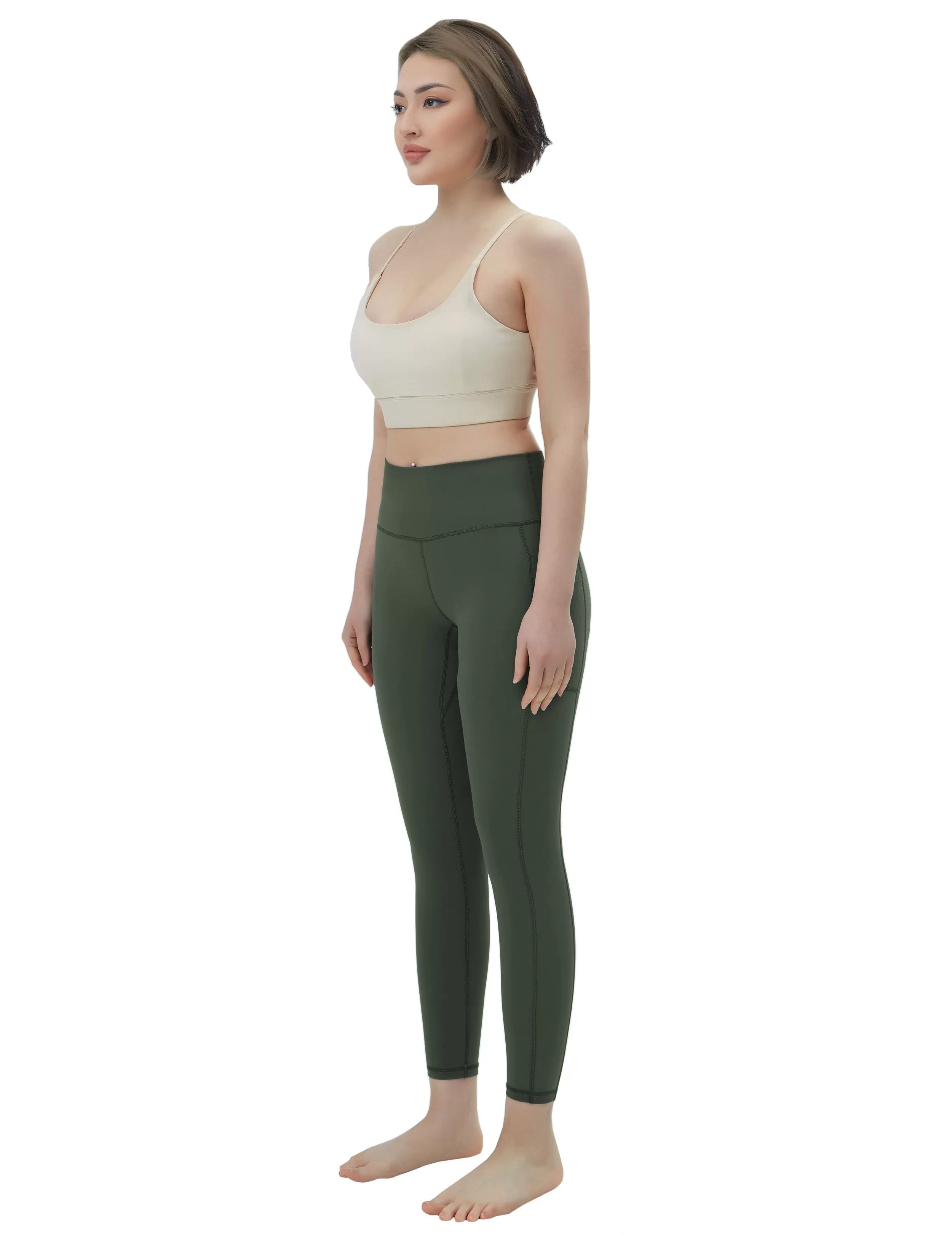 High Waisted Yoga Pants 7/8 Length Leggings with Pockets olivegreen