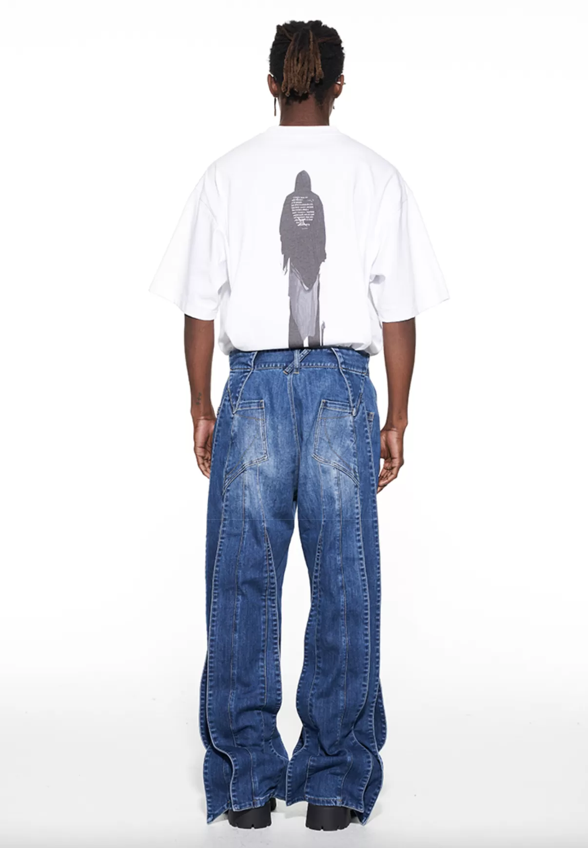 MULTI-LAYERED PANELS BAGGY DENIM JEANS - BLUE