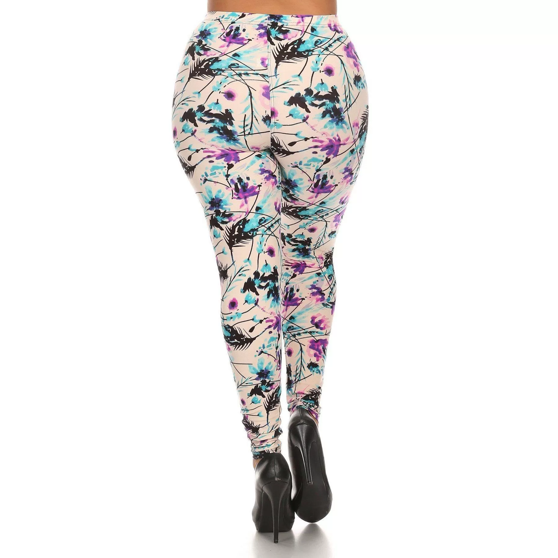 Plus Size Floral Print, Full Length Leggings In A Slim Fitting Style With A Banded High Waist