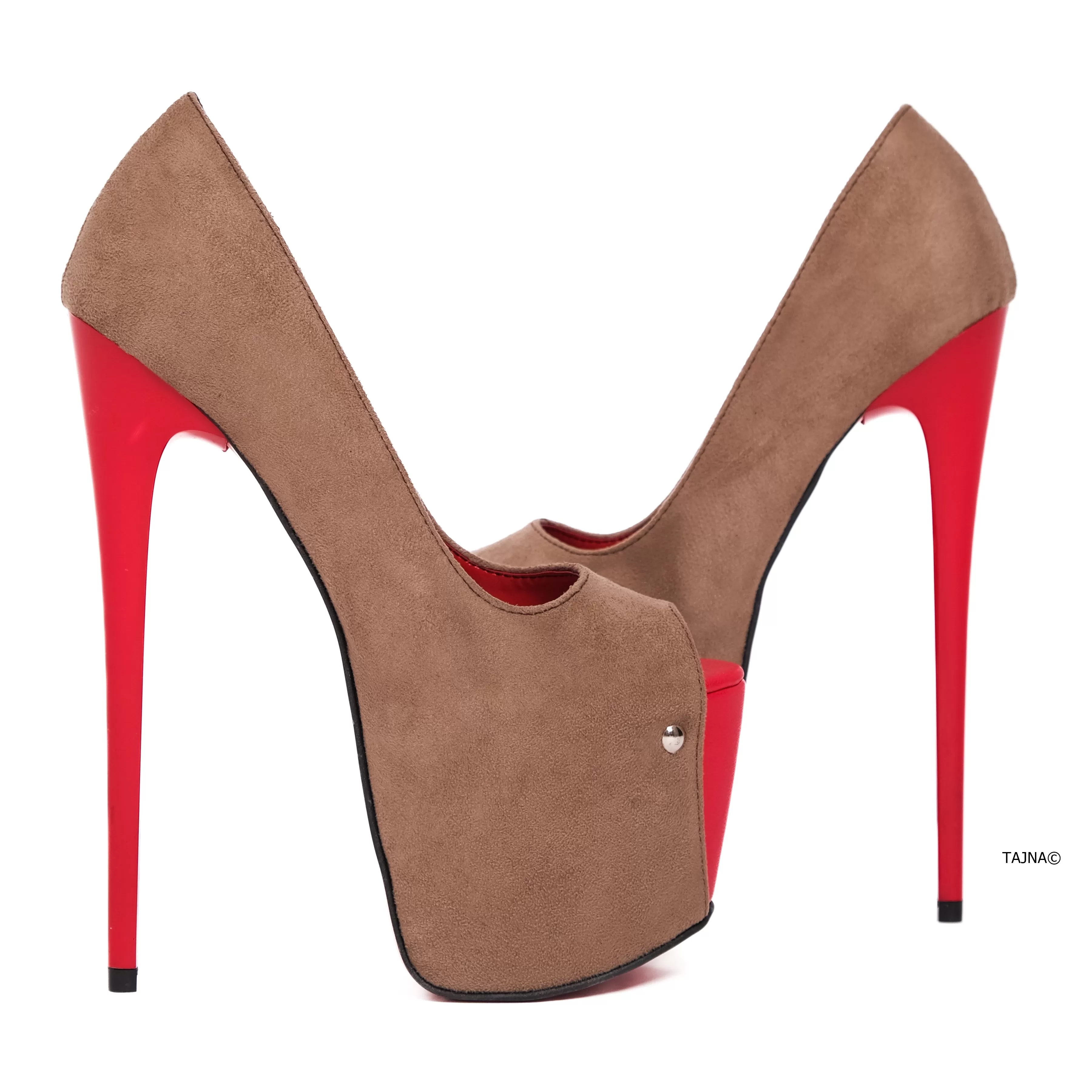 Red Detailed Beige Suede Peep Toe High Heels