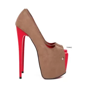 Red Detailed Beige Suede Peep Toe High Heels