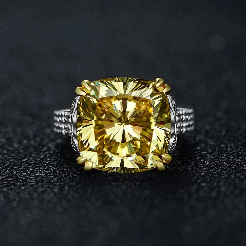 Retro Cushion Cut Yellow Engagement Ring In Sterling Silver