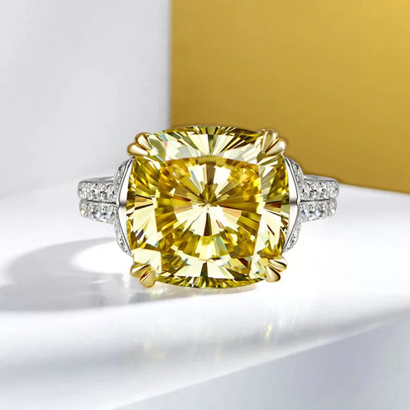 Retro Cushion Cut Yellow Engagement Ring In Sterling Silver