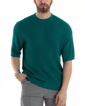 T-shirt Uomo Maglia In Filo A Costine Manica Corta Basic Oversize Petrolio Casual GIOSAL-TS2998A