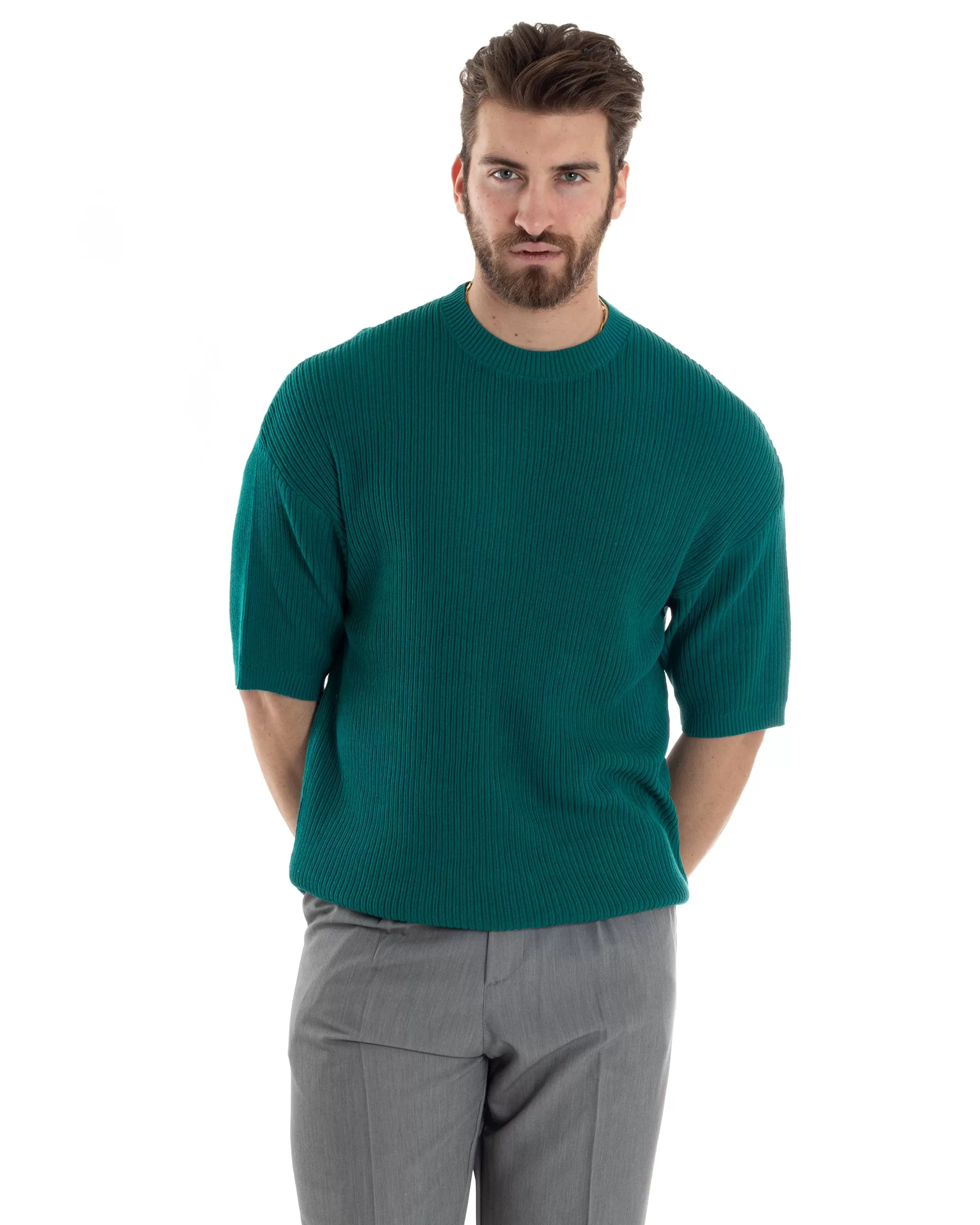 T-shirt Uomo Maglia In Filo A Costine Manica Corta Basic Oversize Petrolio Casual GIOSAL-TS2998A