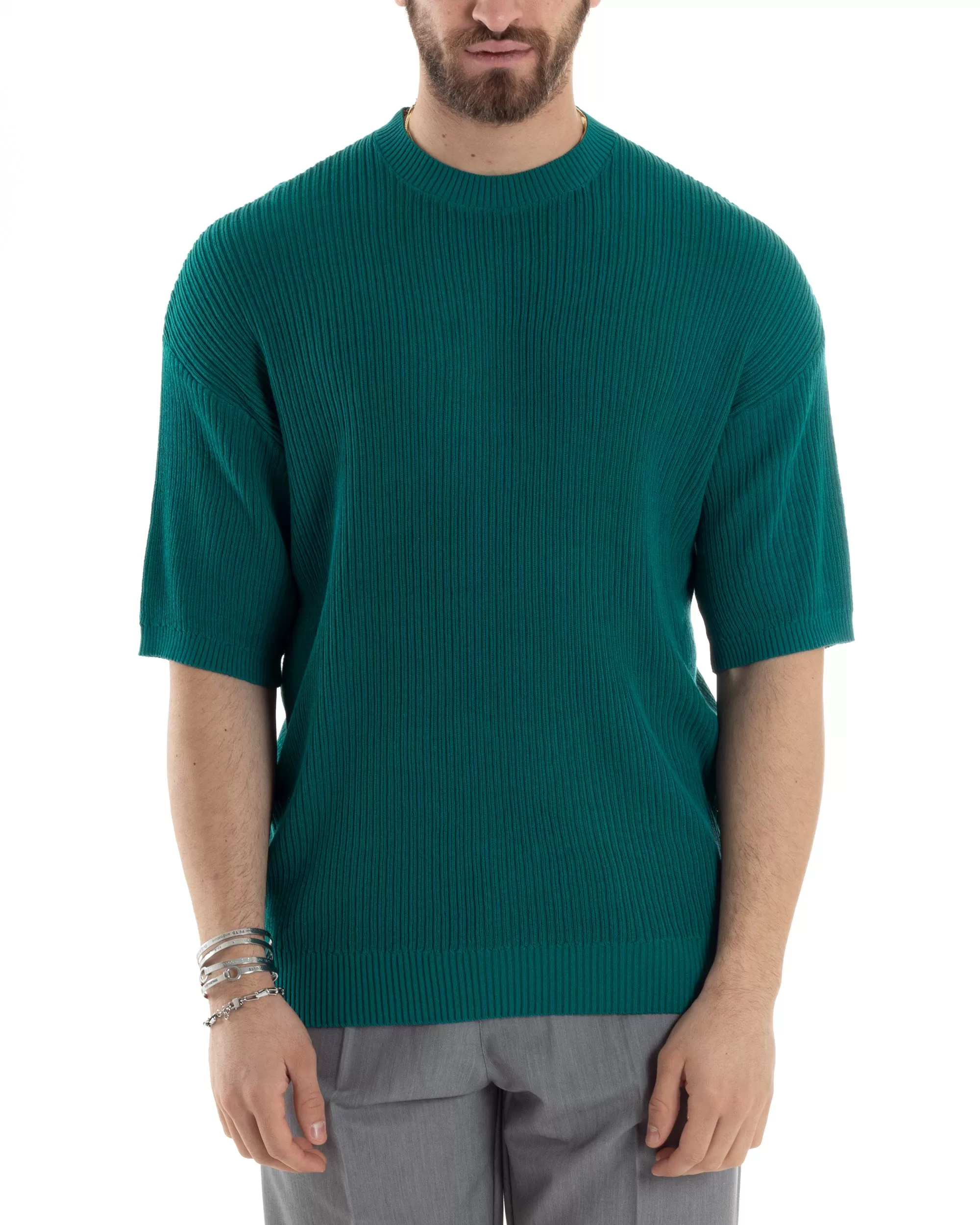 T-shirt Uomo Maglia In Filo A Costine Manica Corta Basic Oversize Petrolio Casual GIOSAL-TS2998A