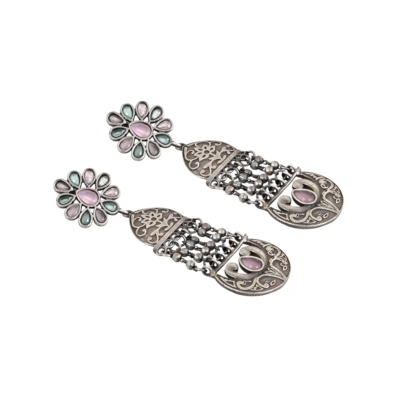 Teejh Bina Floral Pink & Green Silver Oxidised Earrings