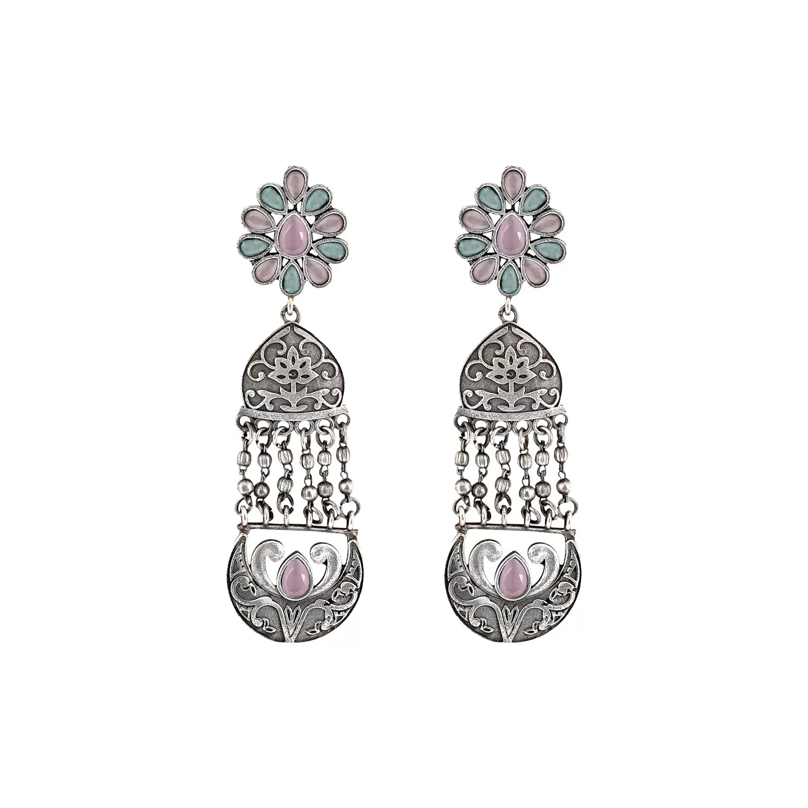 Teejh Bina Floral Pink & Green Silver Oxidised Earrings