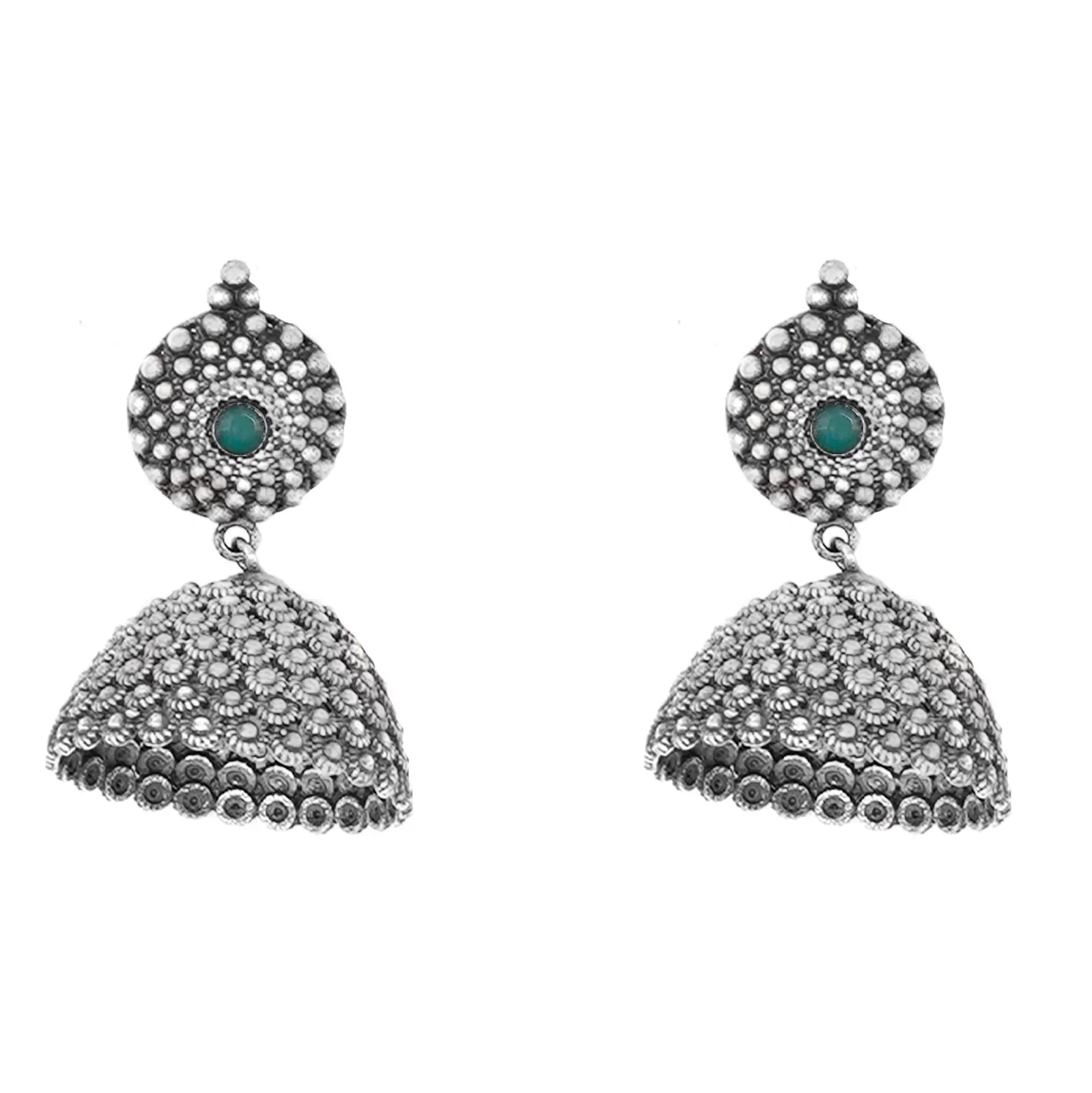 Teejh Dharvi Green Stone Antique Silver Jhumki