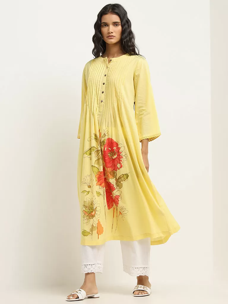 Utsa Yellow Floral Design Cotton A-Line Kurta