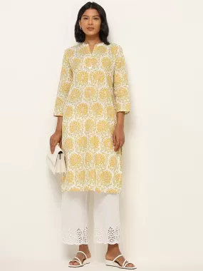 Utsa Yellow Straight Fit Printed Cotton Kurta