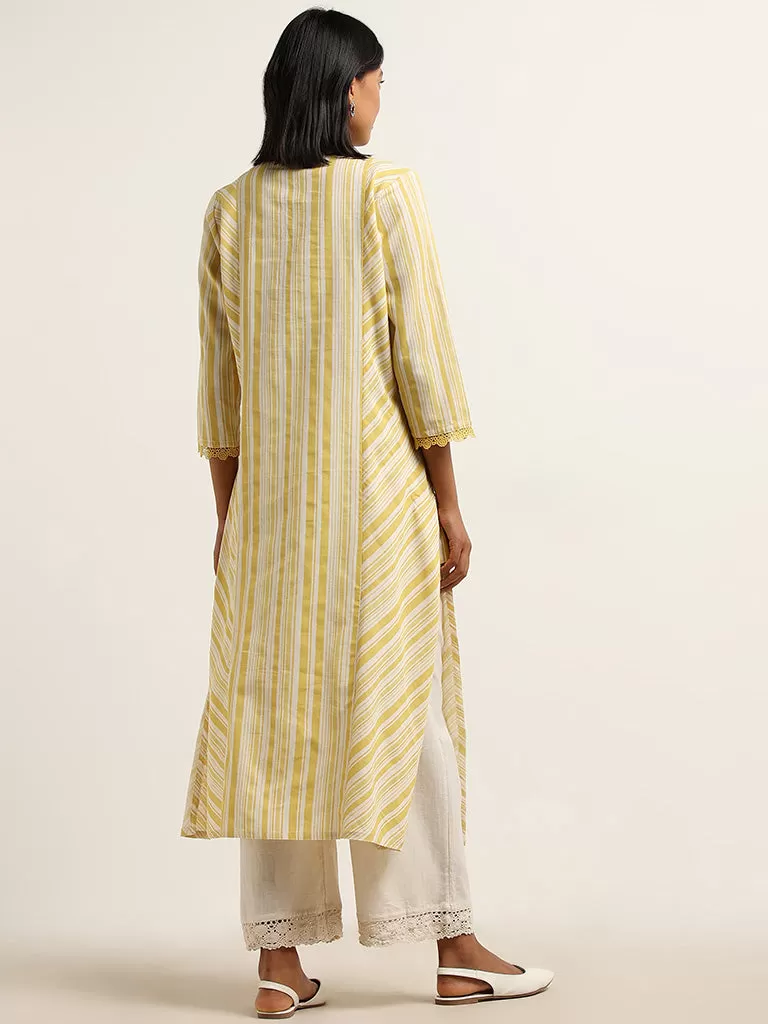 Utsa Yellow Stripe Printed Cotton Blend A-Line Kurta